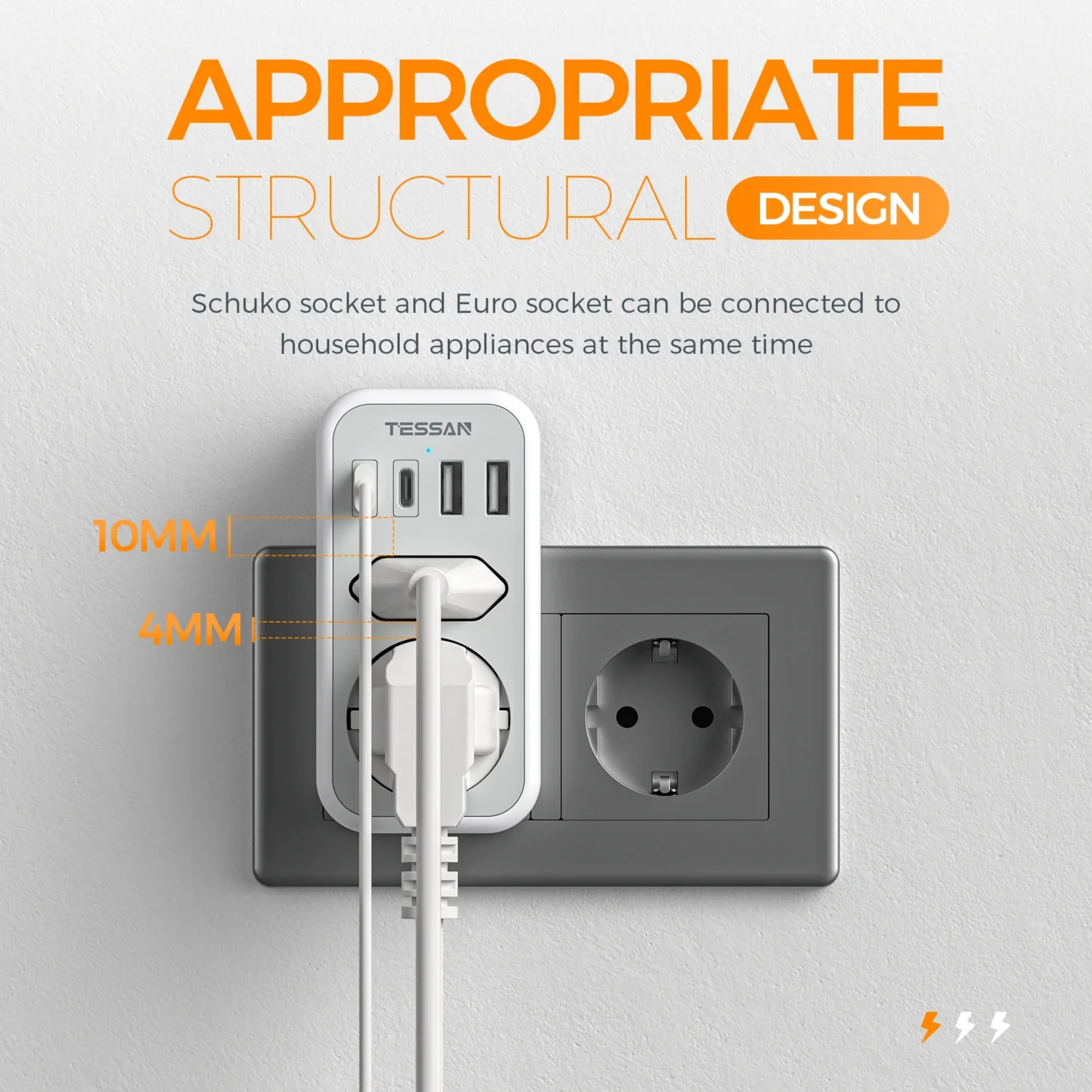 TESSAN Double Plug Wall Socket Adapter with 2 USB C, 2 USB A Portable Multiple Wall Socket Adapter for Phone, Home Appliances