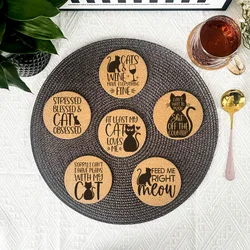 Lovely Cat Pattern 6pcs/Set Creative Engraved Round Cork Coasters For Coffee Cups Mugs Drink Holder and Tableware