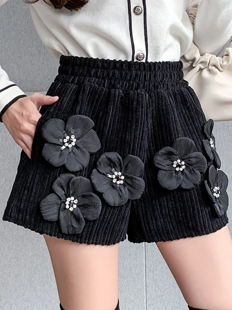 

SMTHMA New Autumn Winter Luxury Beaded Flowers Short For Women Elastic High Waist Slimming Casual A-line Wide Leg Pants