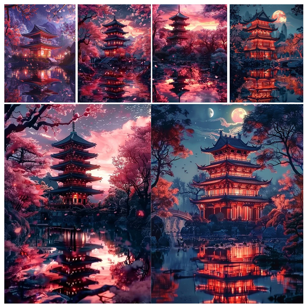 Painting by Numbers Kit Hand Paint Pavilions At Night Building Scenery DIY Seascape Acrylic Artwork Art Gift Home Decoration