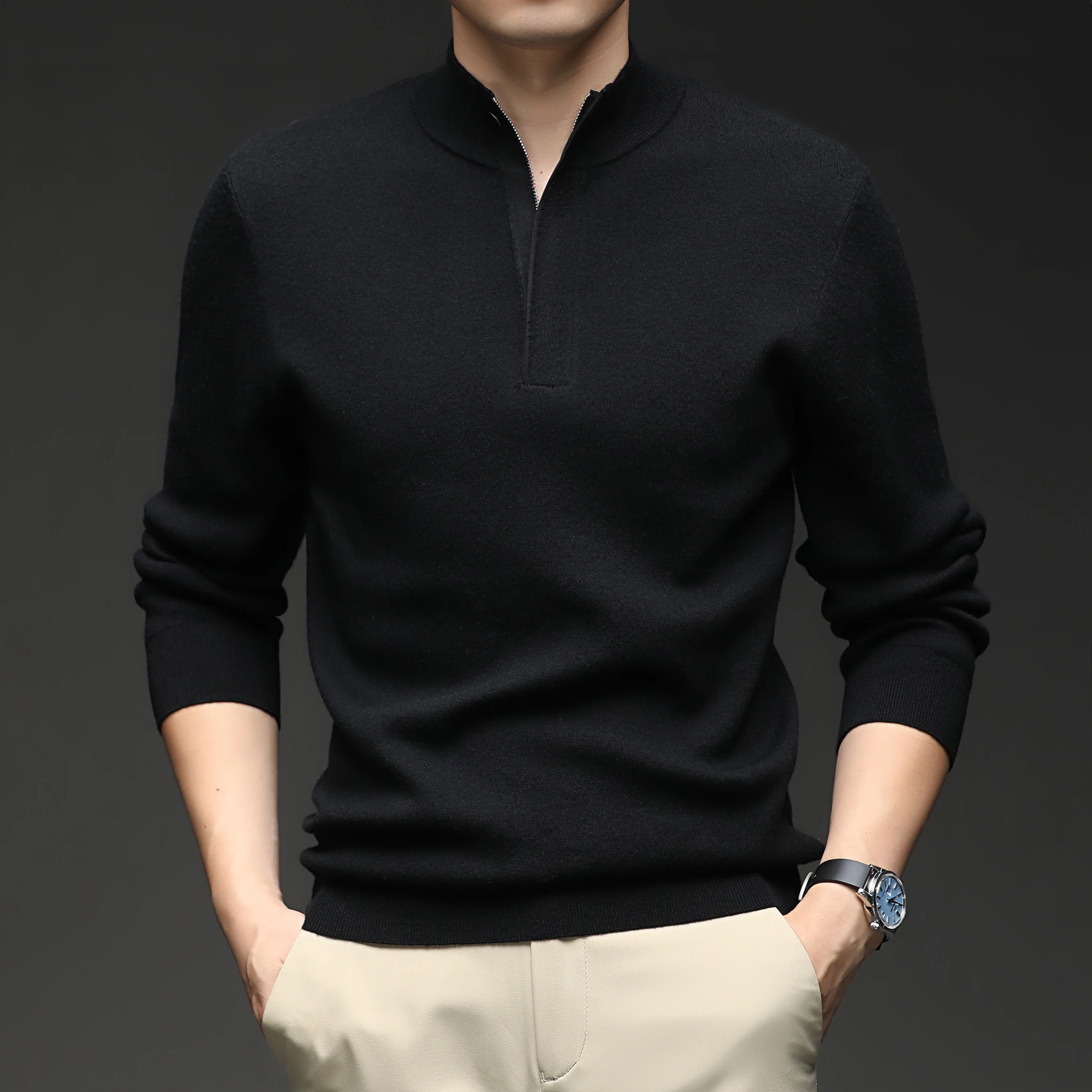 

Мужской повседневный теплый вязаный свитер на молнии с высоким воротником, осенне-зимний, приталенный, длинный рукав, полиэстер