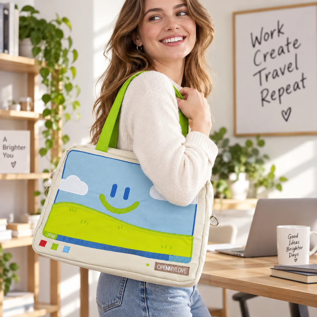 Durable Funny Shoulder Bag Cartoon Large Capacity Embroidery Laptop Bags Smiling Face Versatile Bags for Students All-match