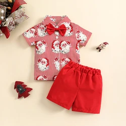 Kids Boys Summer Gentleman Outfits Santa/ Christmas Tree Print Short Sleeve T-shirt with Bow Tie and Casual Shorts Set