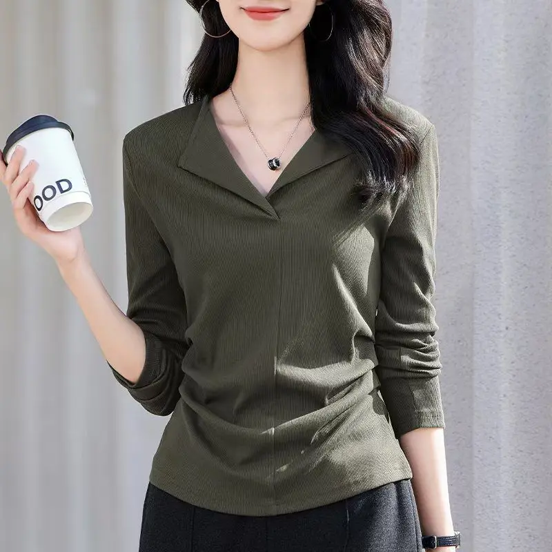 

Осенняя женская футболка-поло с драпировкой на талии, стройнящий дизайн, свободный крой, однотонный топ ​