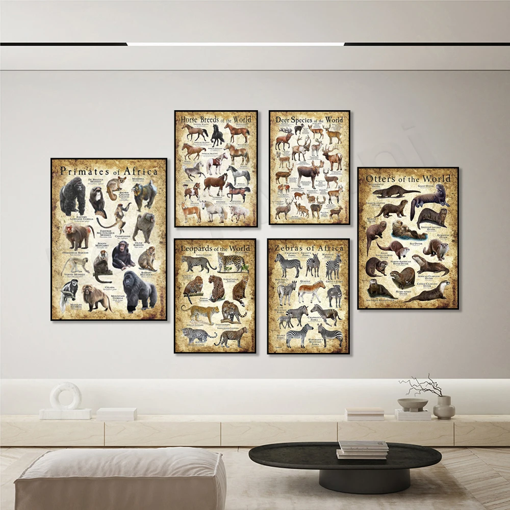

African primate poster, asian endangered tiger, horse, deer, african zebra, bobcat, otter, field guide, leopard animal poster