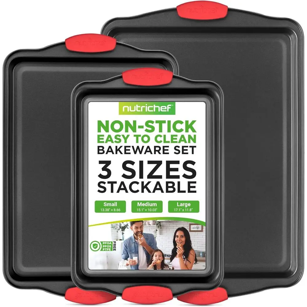 

Stylish Non-Stick Steel Bakeware Set - Premium Restaurant Quality with Red Silicone Handles, Easy to Clean