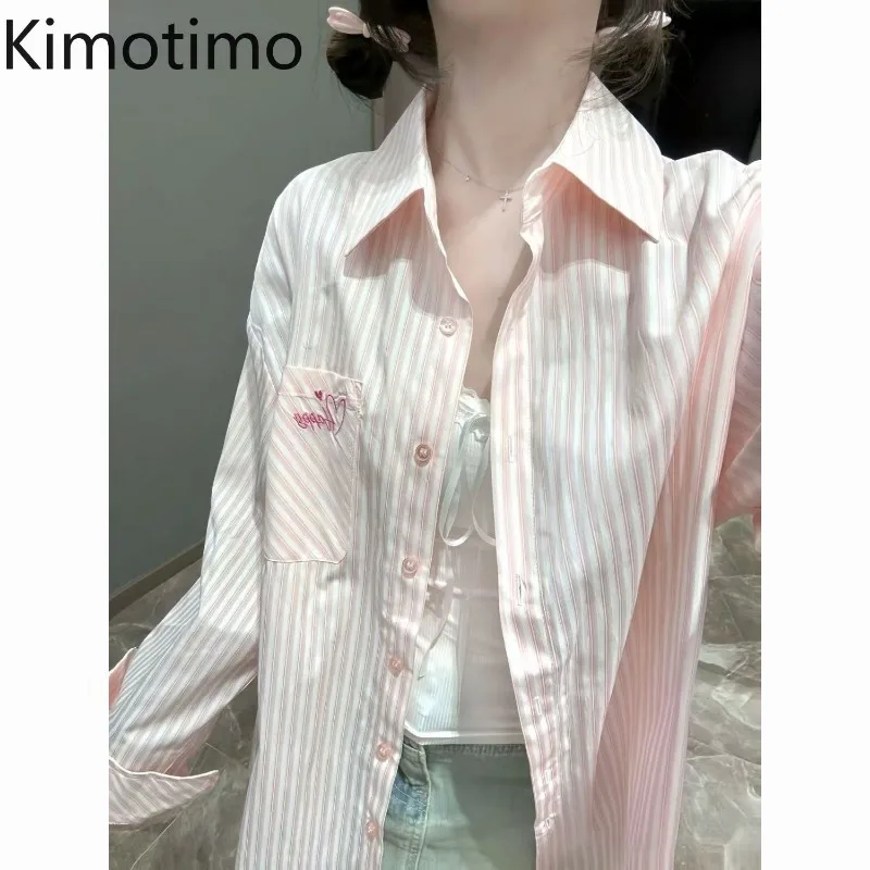 Kimotimo Pink Striped Embroidery Long Sleeve Shirt Women Lapel Loose Button Up Tops Korean Simple Y2k Aesthetic Casual Blouse