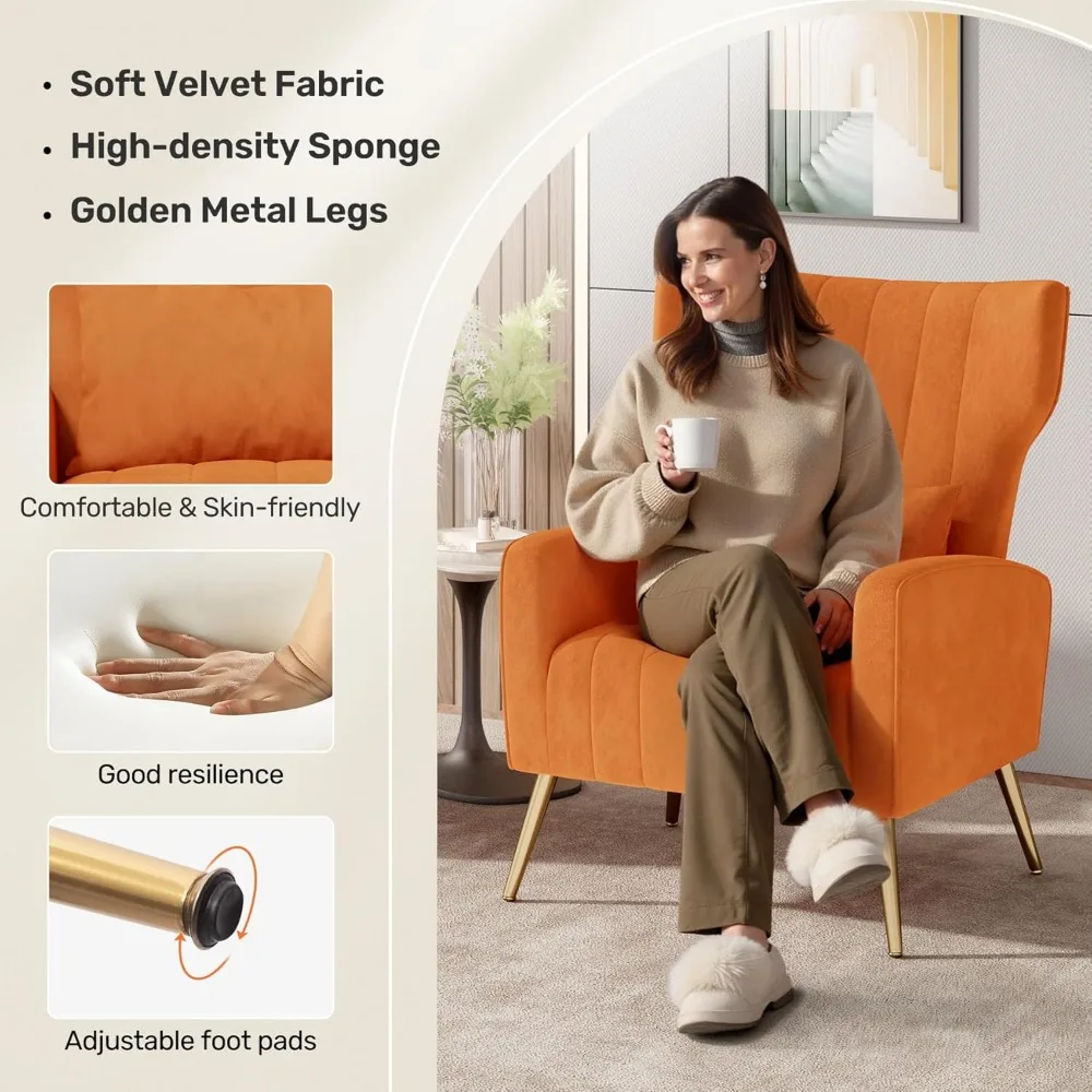 كرسي قراءة منجد باللون البرتقالي المخملي الحديث لمنتصف القرن - كرسي مريح لغرفة المعيشة