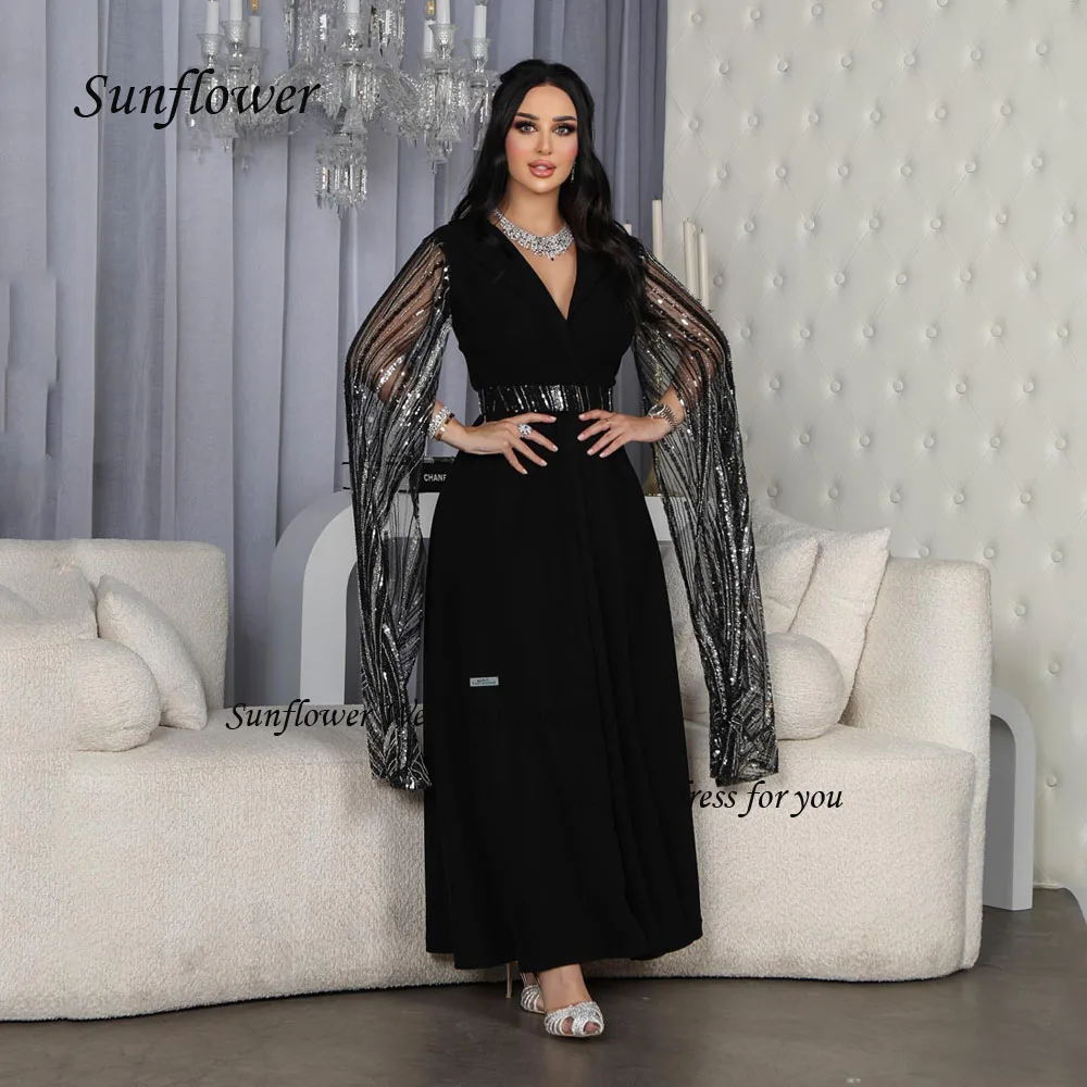 

Sunflower Black V-Neck Evening Dress 2023 Slim A-LINE Long Sleeve Lace Appliques Prom dress Floor-Length Party Dress