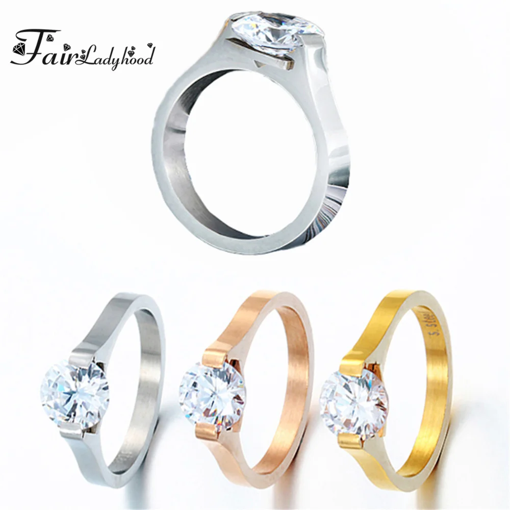 FairLadyHood New Fashion 316L Stainless Steel Rings Shining Crystal Men Women Wedding Engagement Rings 3 Colors Available