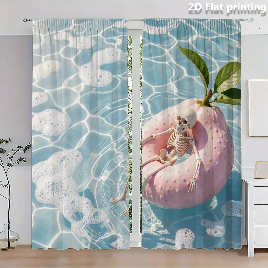 Funny Skeleton Swimming Curtains, Summer Pool Party Print Drapes for Bathroom, Quirky Bone Character Window Treatment Decor