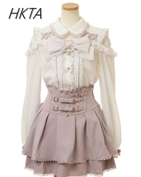 Japanese Liz Shirt Mine Lace Pink Sweetheart Sweet Bow Off-the-shoulder Long-sleeve Top Cute Lolita Girls Blusas Feminina Blouse