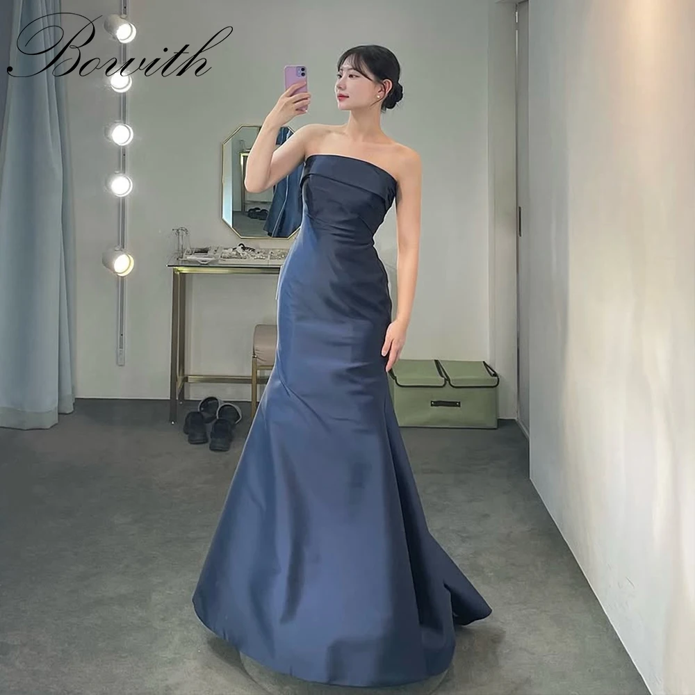 Bowith Navy Blue Mermaid ชุดแต่งงานเกาหลีสําหรับถ่ายภาพ Strapless Elegant ความยาวชั้นซาตินชุดราตรีผู้หญิง Party