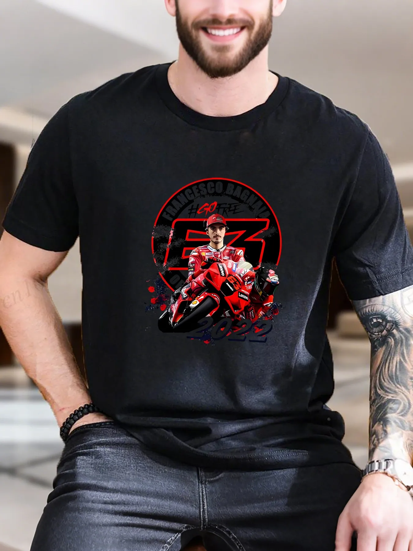 

New Arrival Fashion Men's Graphic Print T-Shirt Stylish Motorcycle Rider with Number Design 100% Cotton Breathable Tee for Casual Wear
