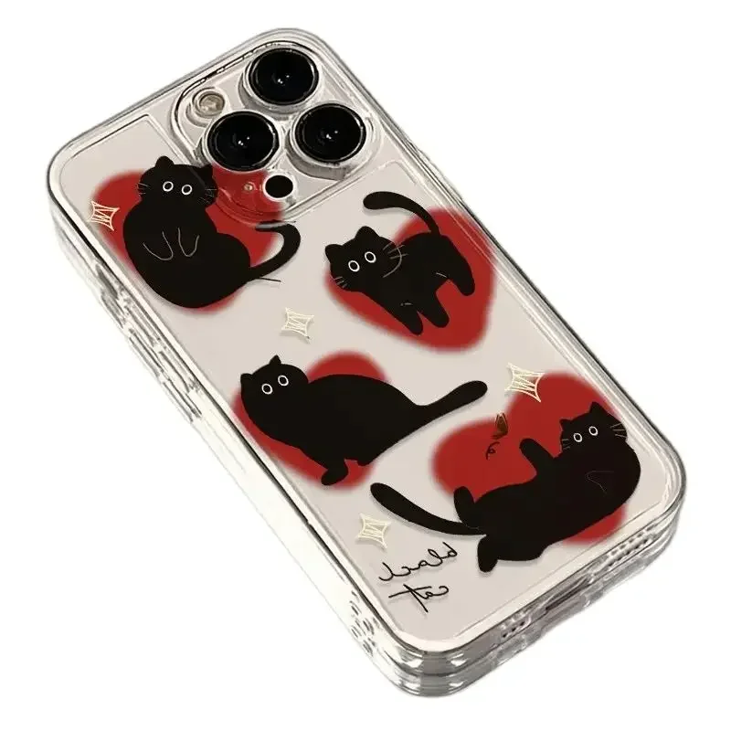 Ins Lovely Love Heart Black Cat Phone Case For iPhone 16 Pro Max 15 14 13 12 11 Pro Xr Xr Max 7 8 Plus Cartoon Y2K Phone Cases