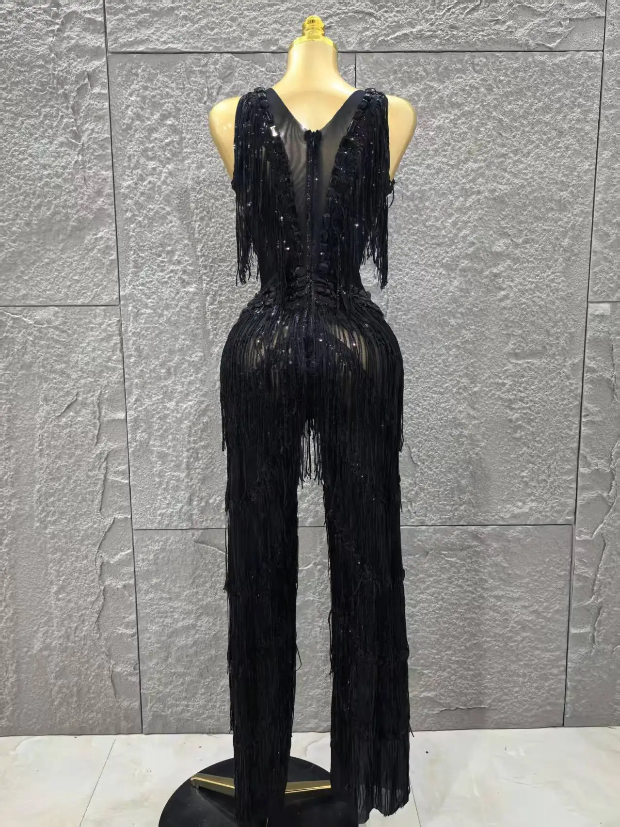 

High Quality Women Sleeveless Sexy V-Neck Shinning Sequins Tassel Bodycon Long Jumpsuit Celebrate Nightclub Party Stage Wear