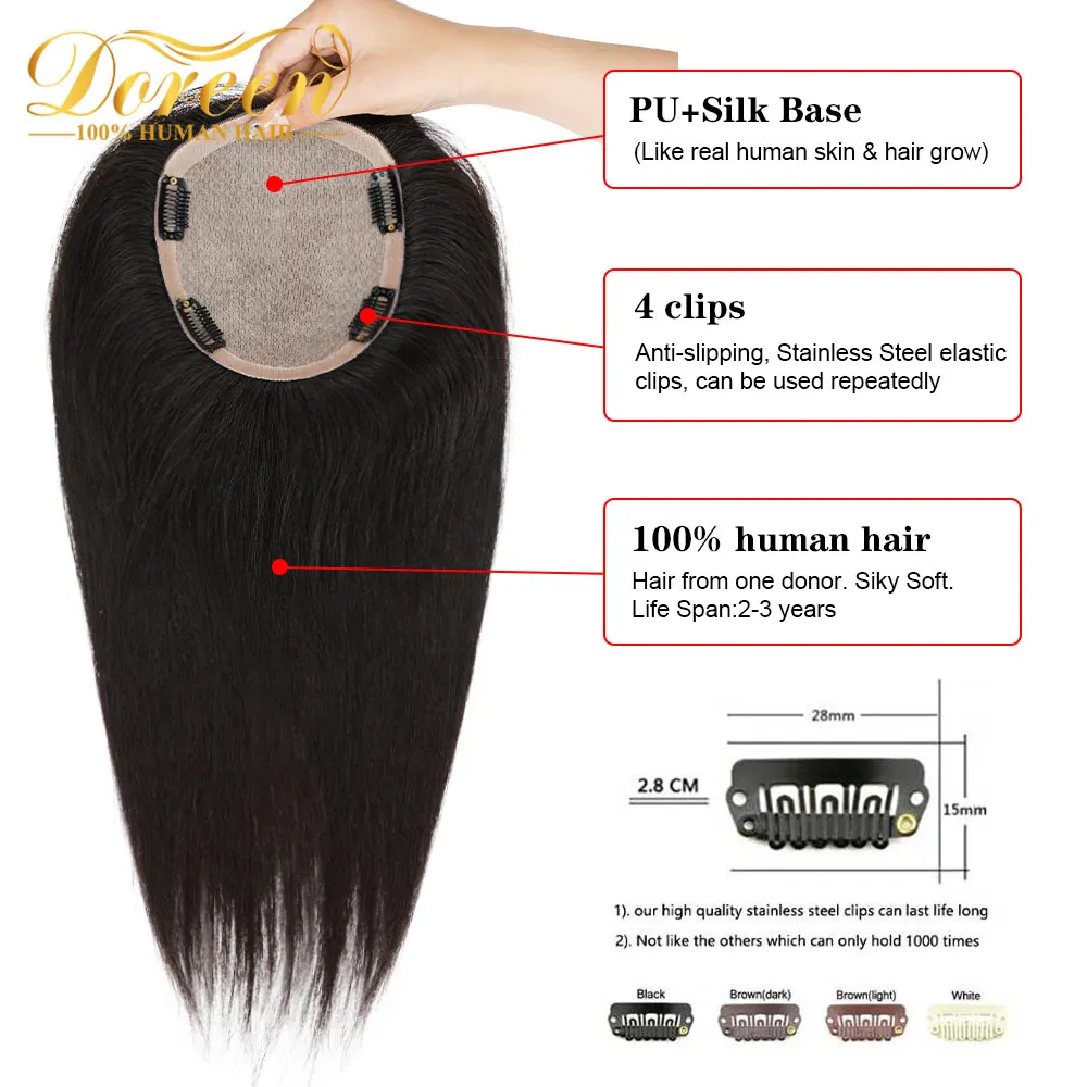 Doreen 6-16 inch Remy Human Hair Topper for Women PU Natural Scalp Skin Silk Base with clip Handmade Toupee Wig 8*13CM 13*15CM