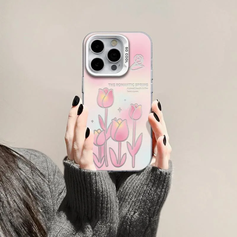 Wind Pink Tulip AllInclusive Hard Shockproof Phone Case For iPhone 15 Pro Max 14 Plus 13 12 11 XR X XS 8 7 Cover