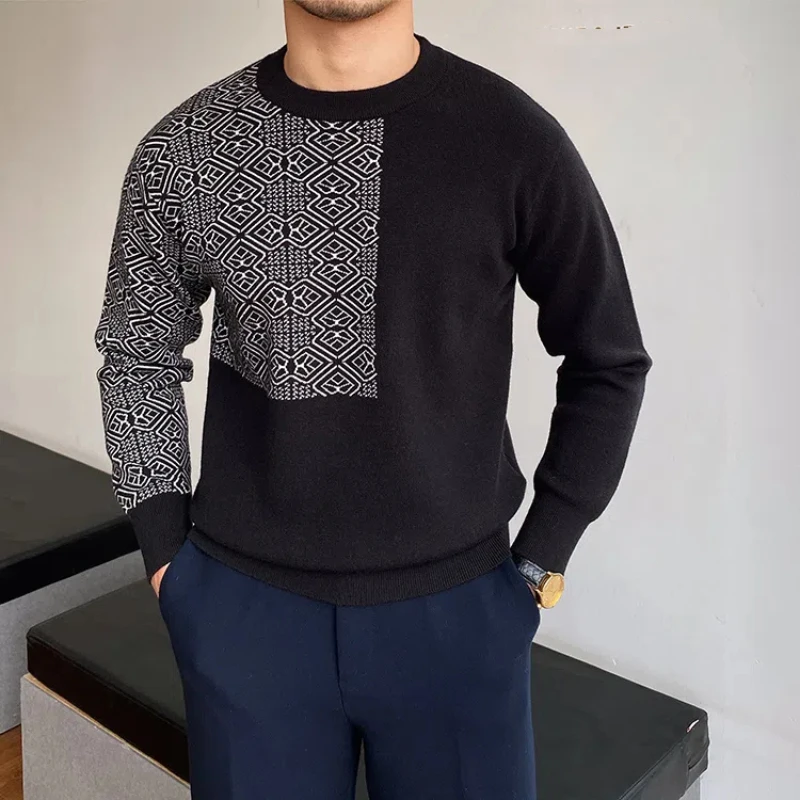 Smart Casual Autumn Winter Sweaters New Men O-Neck Jacquard Weave Warm Trend Fashion Slim Long Sleeve Pullovers Knitted Tops