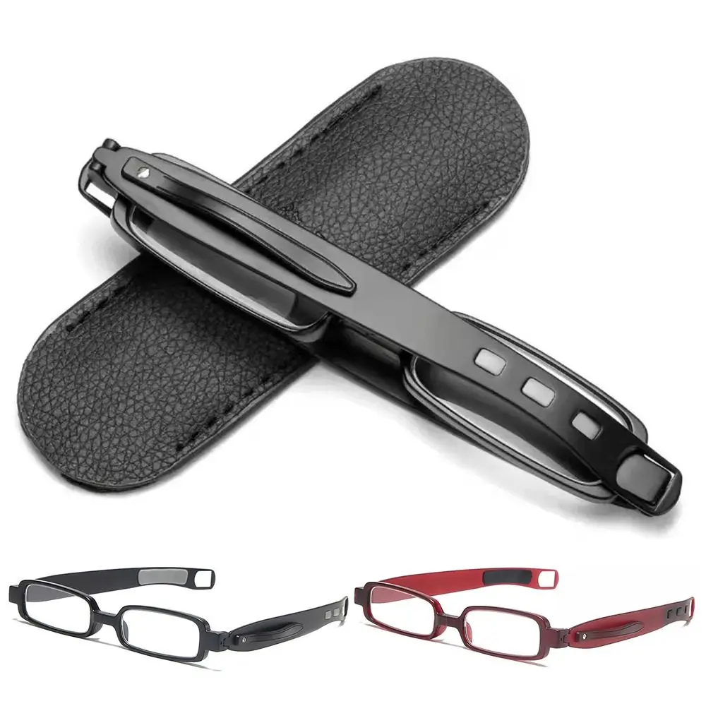 Compact 360°Twist with Leather Case Mini Pocket Pen Clip Readers Portable Folding Anti Blue Light Reading Glasses