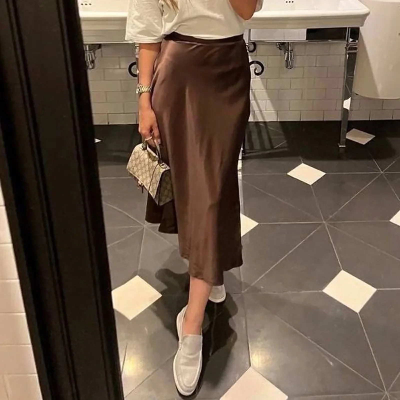 2024 Summer Chic Office Satin Midi Skirt Women Fashion Korean Casual High Waist Elegant Slim Long Skirt Chic Female Office Lady