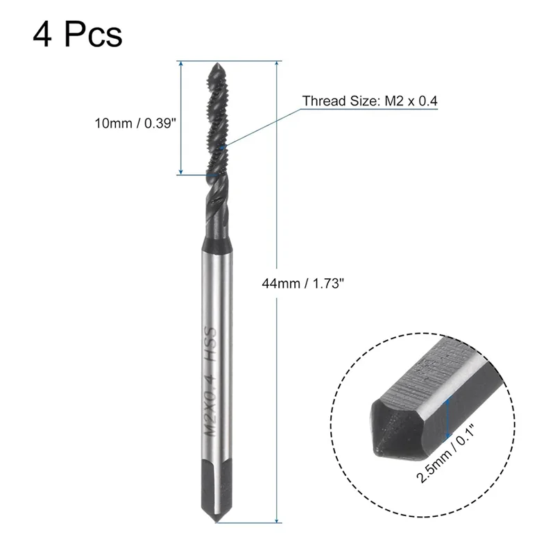 B-Est 4 ชิ้นเกลียวขลุ่ยเกลียว Taps, M2 X 0.4 ไนไตรด์เคลือบเมตริกสกรู, เหล็กความเร็วสูงเครื่อง Tapping Threading เครื่องมือ