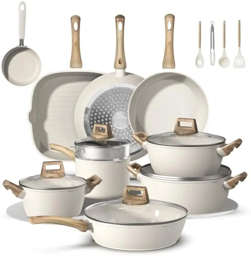 25Pcs Pots and Pans Set Non Stick, Titanium-Reinforced Ceramic Cookware Set Non Stick, Non Toxic PFAS-Free Induction Ready, Long
