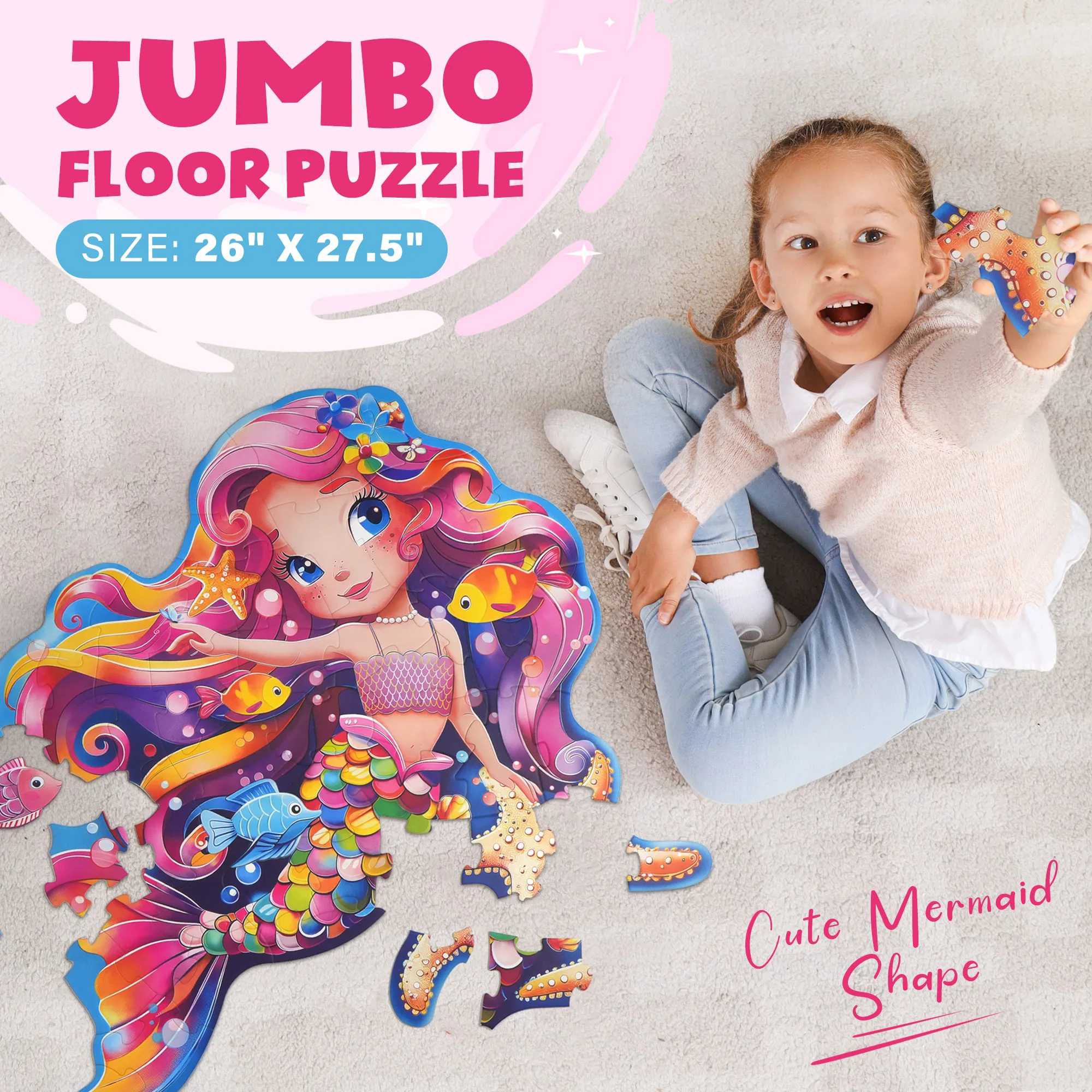 Bodenpuzzles für Kinder, Kleinkinder im Alter von 4–6 Jahren, 52-teiliges Meerjungfrauenpuzzle, Meerjungfrauenspielzeug, Weihnachtsgeburtstagsgeschenk für Mädchen und Jungen