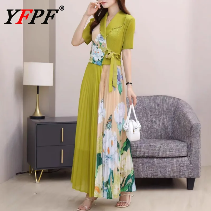 

YFPF 2025 Summer Women Dress Flower Printing Miyake Pleated Lace-up Gathered Waist A Line Long Dresses Elegant Clothing