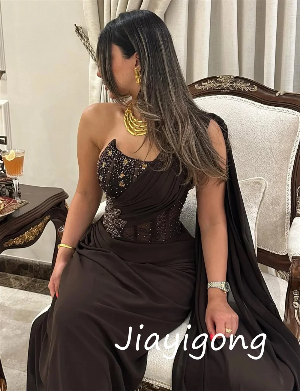 Customized Exquisite Jersey Sequined Pleat A-line One-shoulder Long Dresses Bespoke Occasion High Quality image 4