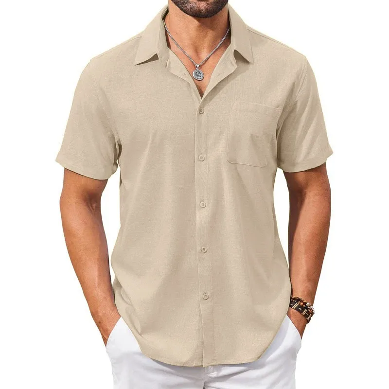 Baumwolle Leinen Atmungsaktives Hemd für Männer Einfarbig Drehen Unten Kragen Männlich Stilvolle Sommer Kurzarm Shirts Mode Kleidung
