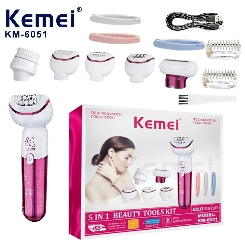 Kemei 5 In 1 USB Rechargeable Hair Remover Women Shaver Waterproof Electric Multi-function Portable Ladies' Epilator KM-6051