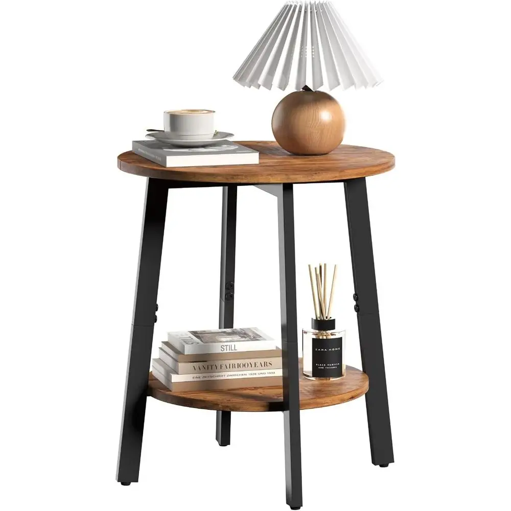 Side Table, Small Round End Table with Storage Shel or Small Space, 2-Tier Bede Table Soa Couch Table, Round Accent Table Nighst