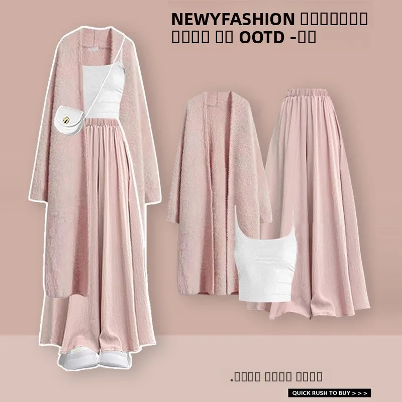 

Розовая вязаная верхняя одежда, топ и юбка, комплект из футболки, осенняя женская одежда Faion, комплект с жилетом и юбкой V Ne Long Sve