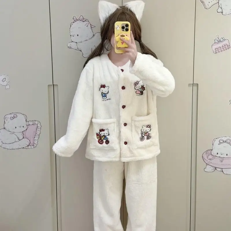 

Kawaii зимние хит продаж пижамы женские с круглым вырезом кардиган толстые длинные плюшевые длинные брюки с длинными рукавами комплект домашней одежды с героями мультфильмов