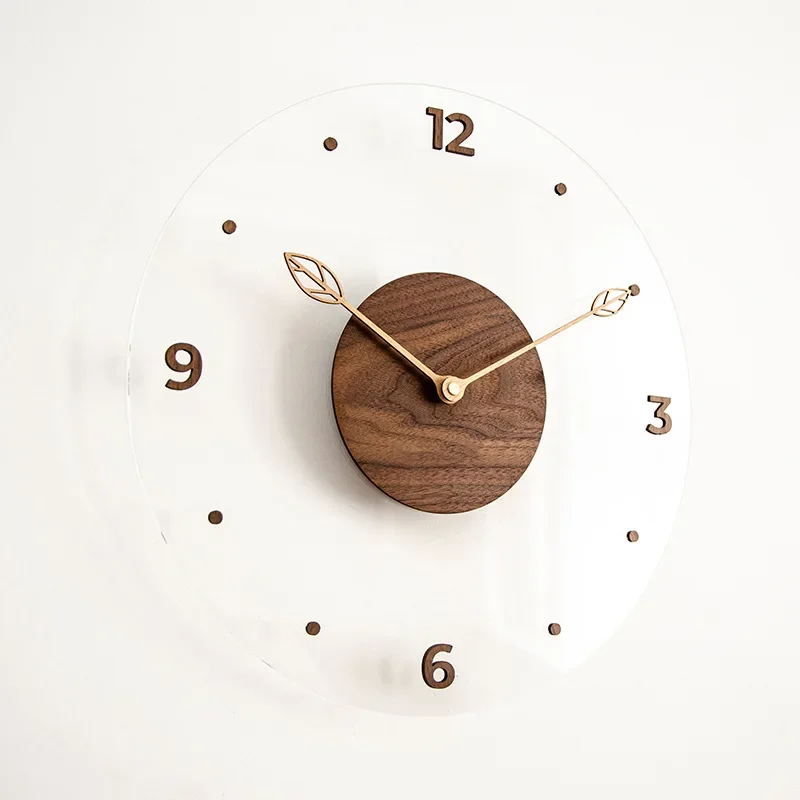40cm Solid Wood Wall Clock Simple Creative Acrylic Glass Transparent Wall Hanging Clock Watch Home Living Room Decorative Clock