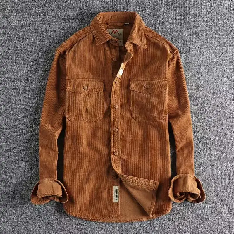 2025 Autumn/Winter New European and American Retro Corduroy Men's Long Sleeve Shirt Simple, Loose, Versatile, Thick Style