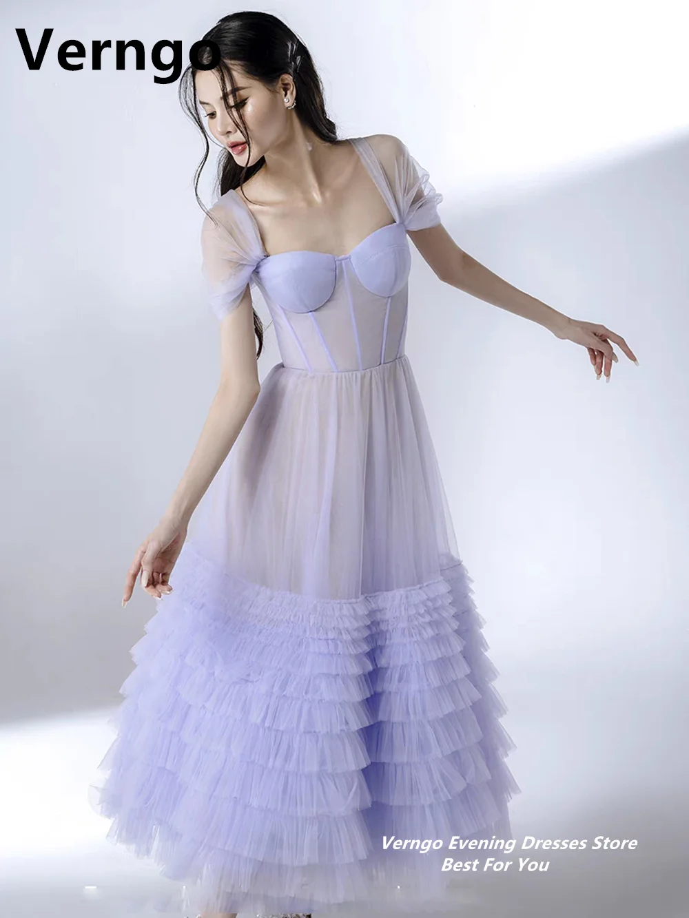 Verngo Purple Tulle Party Gowns A Line Ankle Length Evening Dress Girl Tiered Prom Dress Short Sleeves Formal Dresses