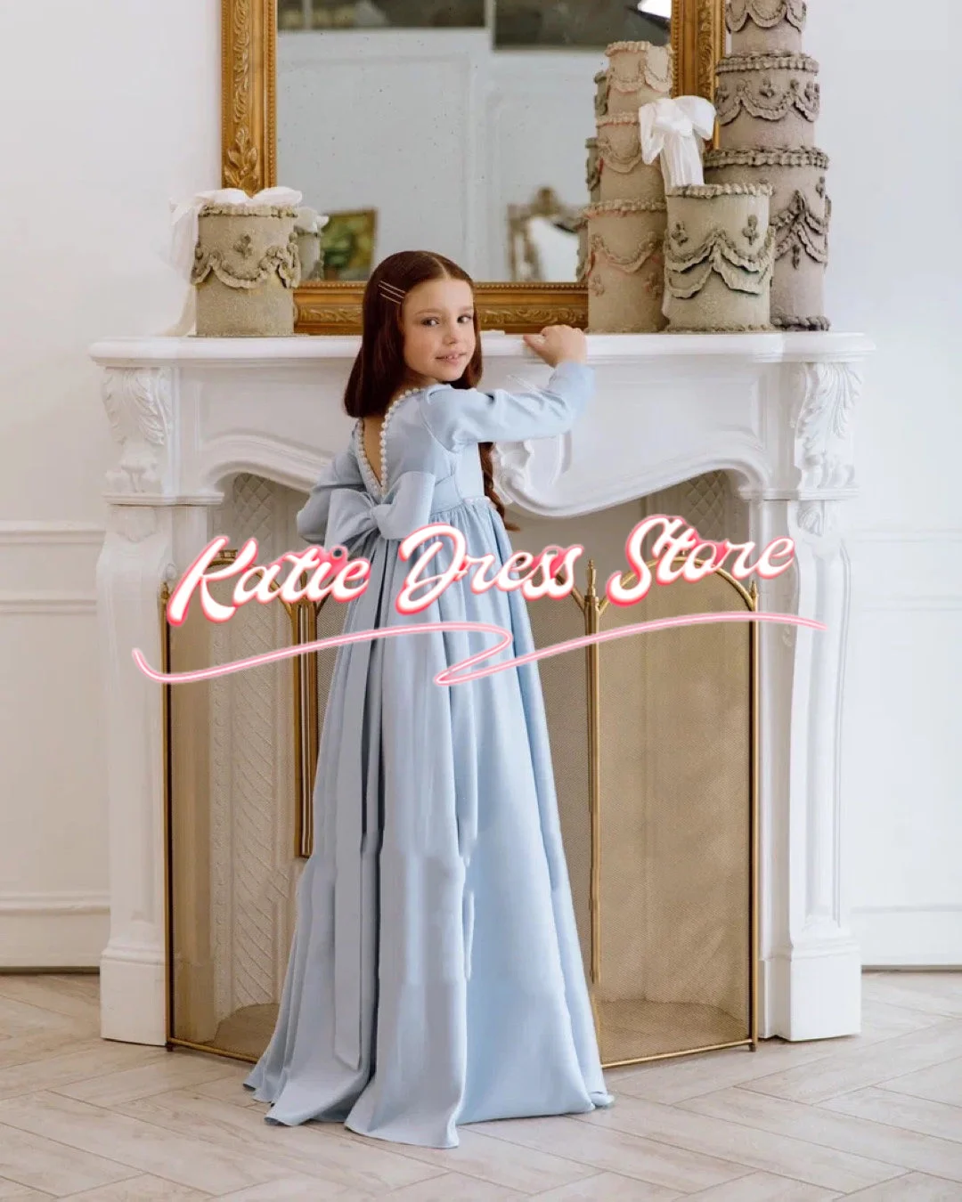 Vestido floral azul céu personalizado para casamento, cetim, pérolas inchadas, arco, festa de aniversário infantil, primeira comunhão, vestidos de baile