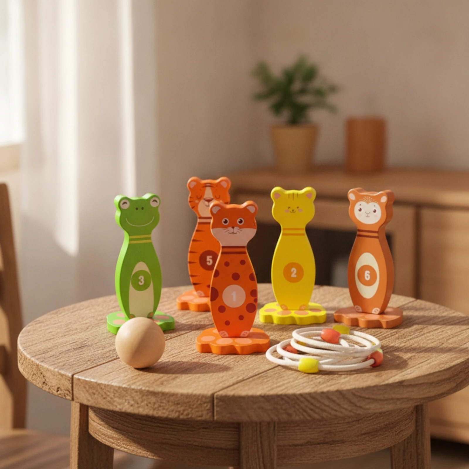 

Animal Bowling Game Heavy Hoop Toss Set with Pins Wooden Bowling Set Solid Wood Toy Educational for Children, Playroom, Home
