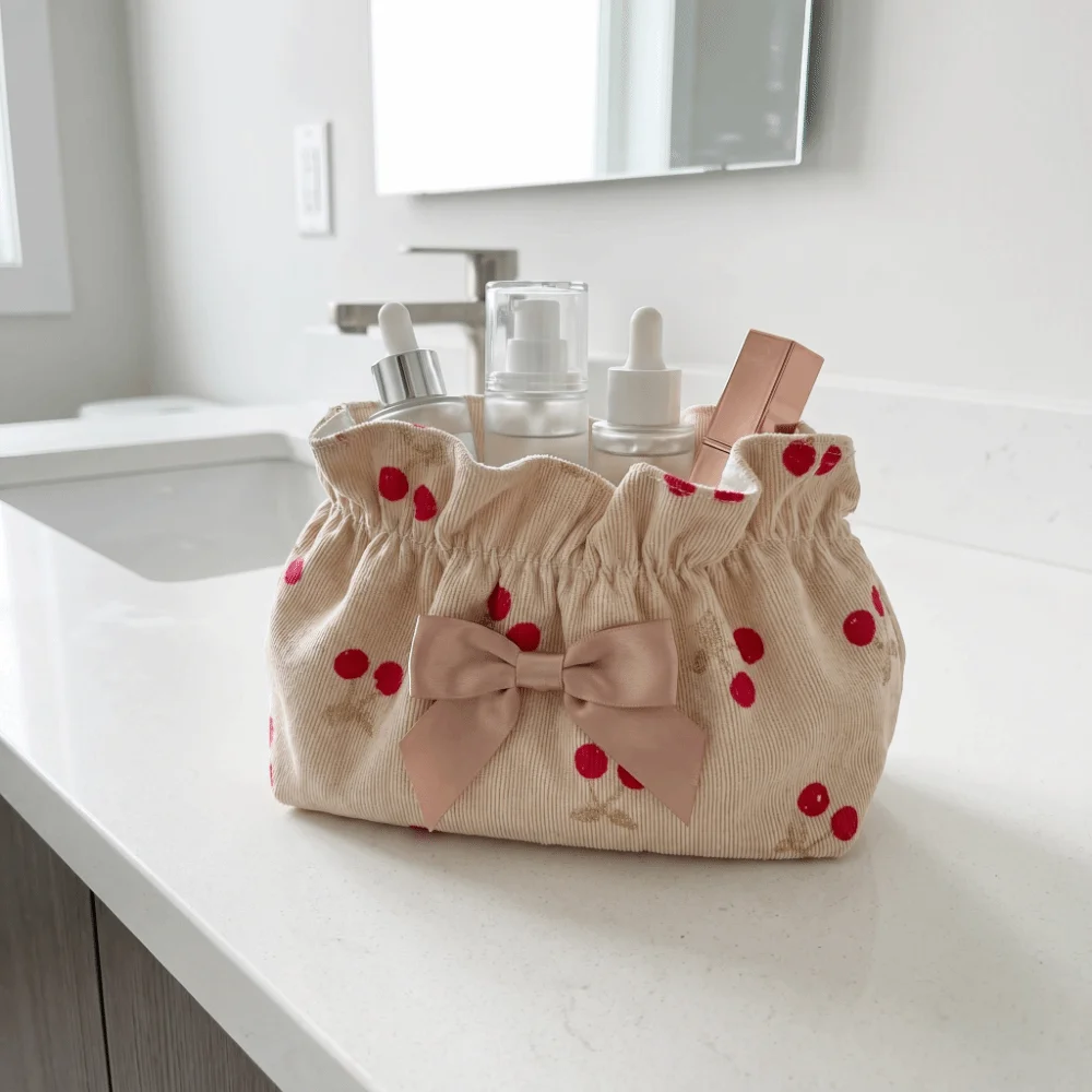 

Cherry Embroidery Corduroy Cosmetic Pouch Large Capacity Dumpling Shape Makeup Bag Portable Lightweight Toiletry Organizer