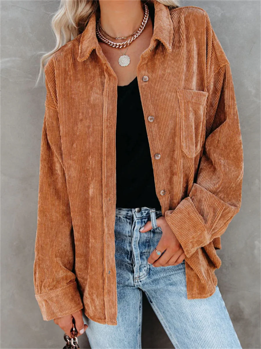 Retro Brown Women Corduroy Shirt Jacket Casual Long Sleeve Button Cardigan for Fall Clothes Streetwear Ladies Casual Blouses