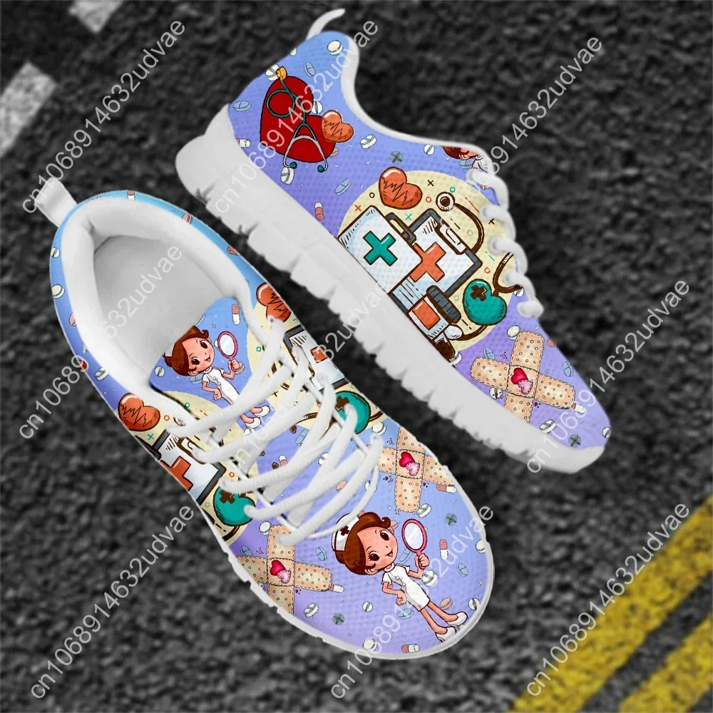 Comfortable Lace-up Flat Shoes Gradient Nurse Pattern Medical Print Wear-Resistant Sneakers For Women Nursing Shoes