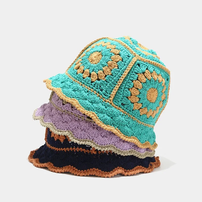 

Women Hollow Flower Knitted Fisherman Hat Handmade Crochet Matching Bucket Hat Designer Cap