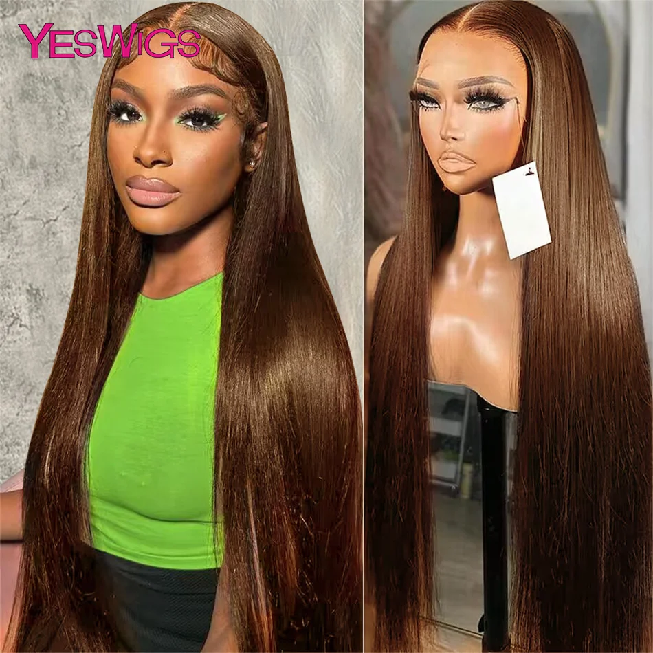 13x6 Straight Chocolate Brown Colored Lace Front Human Hair Wigs For Women Pre Plucked Transparent 360 Full Lace Frontal Wig