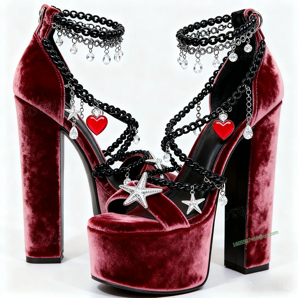 

Red Velvet Crystal Chain Decor Platform Sandals Chunky Heel Round Toe High Shoes for Women High Heels Shoes Zapatos Para Mujere