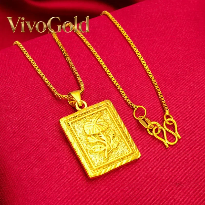 VivoGold 24K Gold Flower Square Necklace AU999 Soft gold, three-dimensional relief square card, daily wear shows softness
