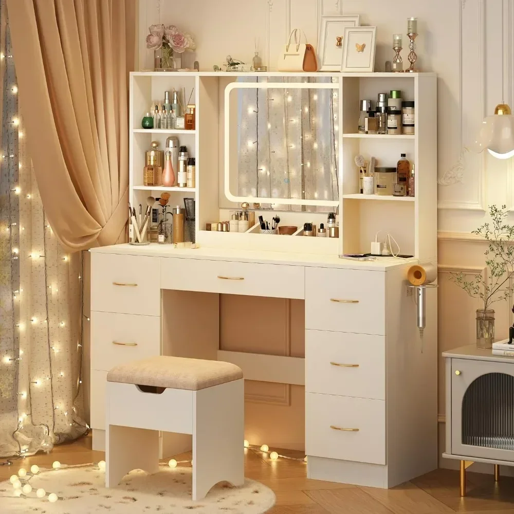 for  Large Vanity Desk with Mirror， LED White Vanity Set with Stool and Power Outlet, Lighted Make up Vanity Desk with Drawers