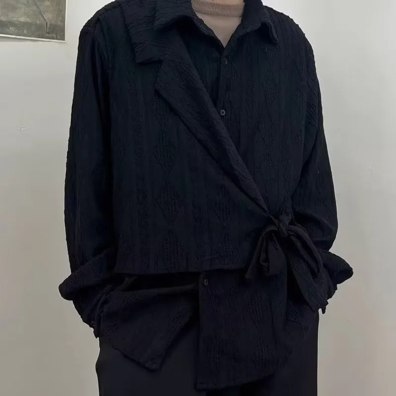 Man Japanese Restore Ancient Ways Jacquard Weave Shirt Long Sleeve Shirt Design Feeling Hollowed Out Upper Garment Autumn  Men