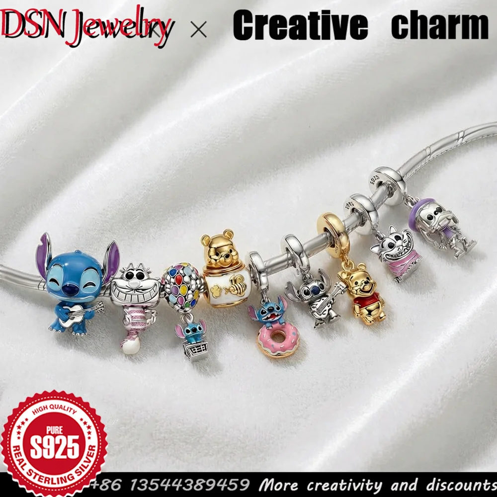 Pendentif Winnie l'ourson mignon en argent S925 plaqué or, breloque de dessin animé de créateur de bijoux DSN pour bracelet et collier